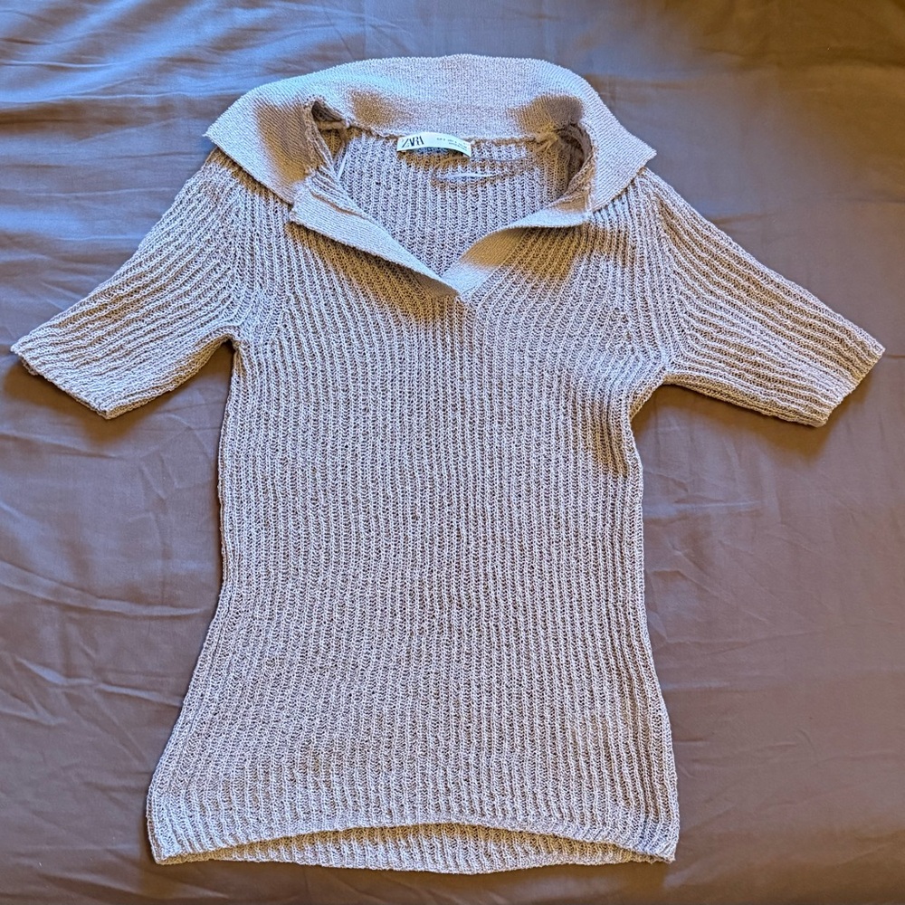 Zara Grey Knit Polo Sweater
